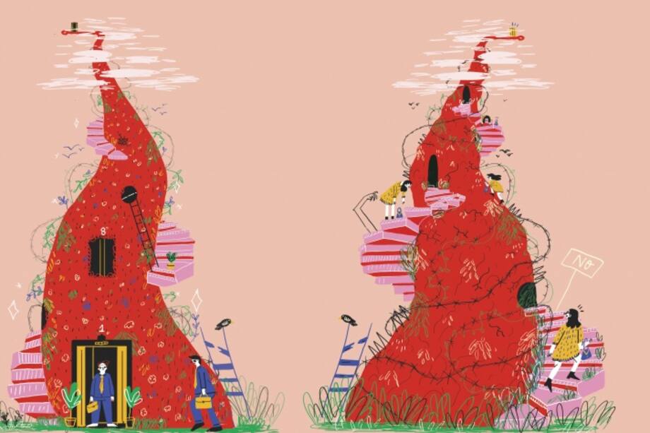 En el trabajo, las mujeres suben por las escaleras