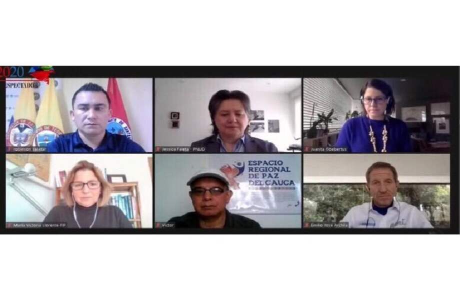 Arriba izq. Robinson Salazar, alcalde de Teorama; Jessica Faieta, representante residente del PNUD en Colombia; Juanita Goebertus, representante a la Cámara; Abajo Izq. María Victoria Llorente, directora de la Fundación Ideas para la Paz; Victor Collazos, líder del Espacio Regional de Paz del Cauca; y Emilio Archila, consejero para la Estabilización.