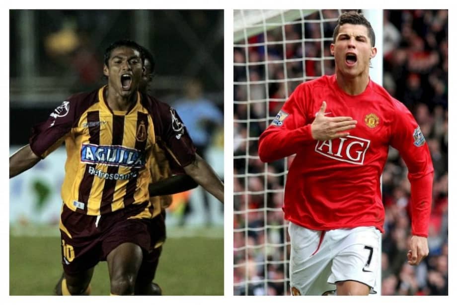 Jhon Charria fue goleador y campeón con Tolima y Cristiano Ronaldo en su época con Manchester United. / Cortesía El País de Cali y Archvio