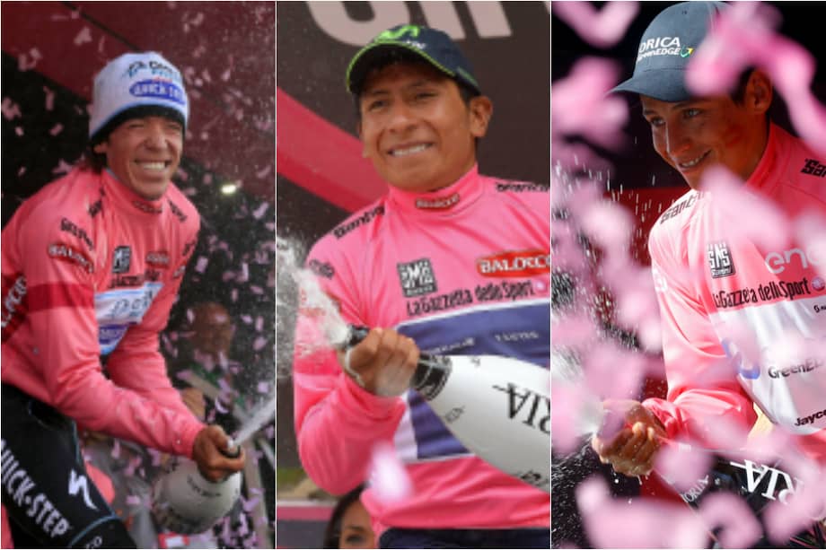 Rigoberto Urán, Nairo Quintana y Esteban Chaves, los colombianos que se han vestido de rosa en el Giro de Italia. / EFE y AFP