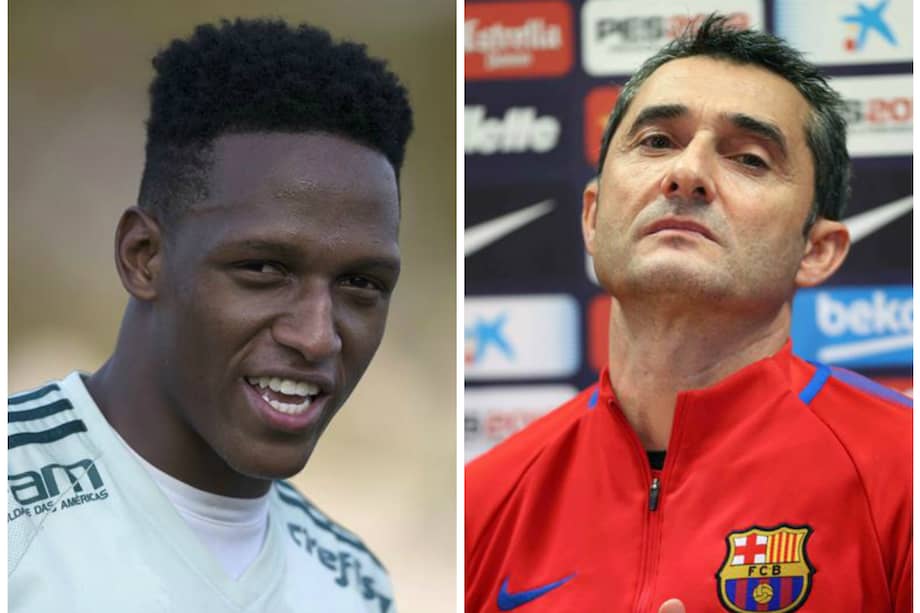 Yerry Mina, reciente contratación del Fútbol Club Barcelona, y Ernesto Valverde, entrenador del equipo catalán. / EFE