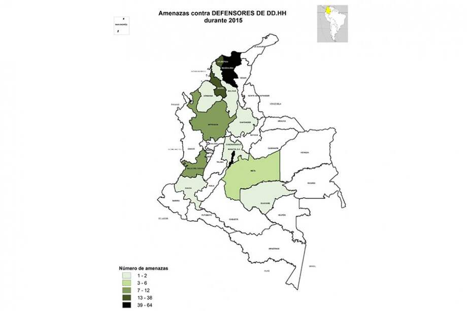 Mapa sobre defensores de derechos humanos amenazados según Cinep.