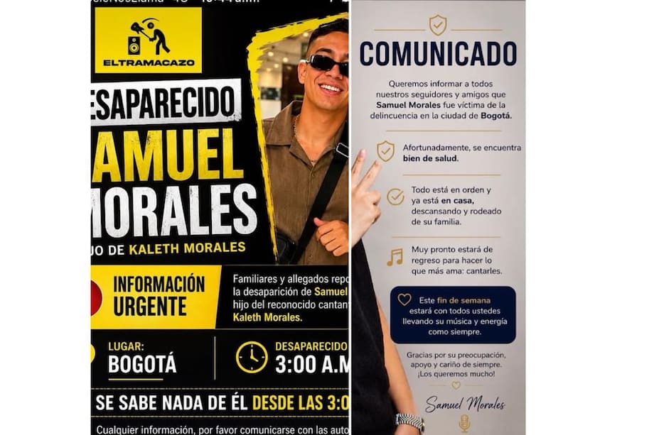 A la izquierda, el reporte que circuló en redes cuando Samuel Morales desapareció. A la derecha, imagen que compartió su mánager.
