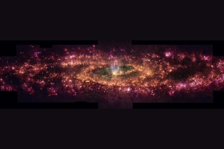 Esta imagen muestra la galaxia del Escultor bajo una nueva luz. Esta composición en falso color muestra longitudes de onda específicas de la luz emitida por el hidrógeno, el nitrógeno, el azufre y el oxígeno.