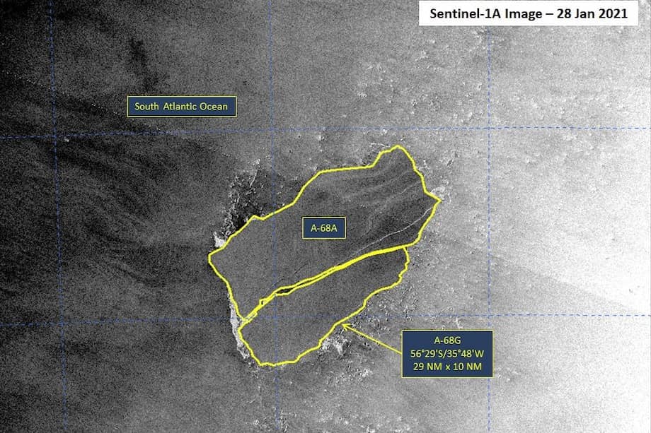 Esta imagen muestra el nuevo bloque desprendido del iceberg A68A.