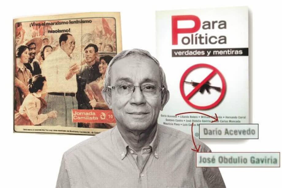 Darío Acevedo junto a un folleto de la corriente marxista leninista maoísta y la portada del libro que escribió con José Obdulio Gaviria. / Ilustración: Giuseppe Minota