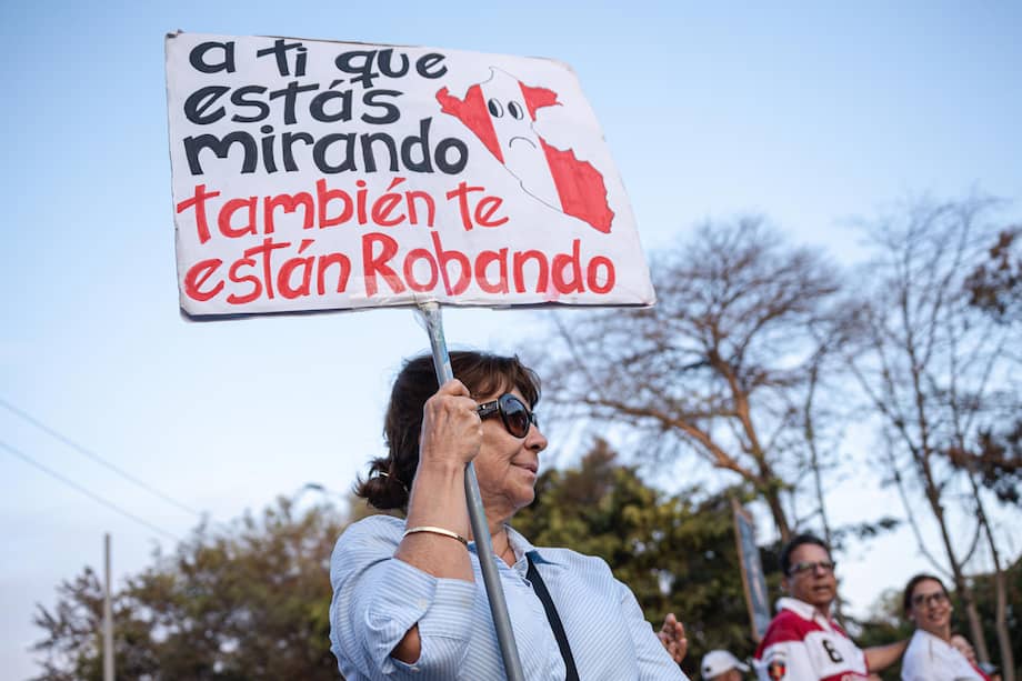 Una persona sostiene un cartel en la “Gran Marcha Defendamos la democracia”.