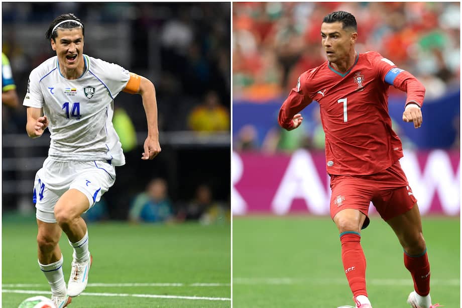 Eldor Shomurodov de Uzbekistán y Cristiano Ronaldo de Portugal. Ambos en sus respectivos primeros partidos de la Copa Mundial de la FIFA 2026.
