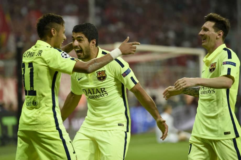 El tridente Neymar, Messi y Barcelona celebran uno de los goles de Barcelona contra Bayern Múnich. Foto: AFP