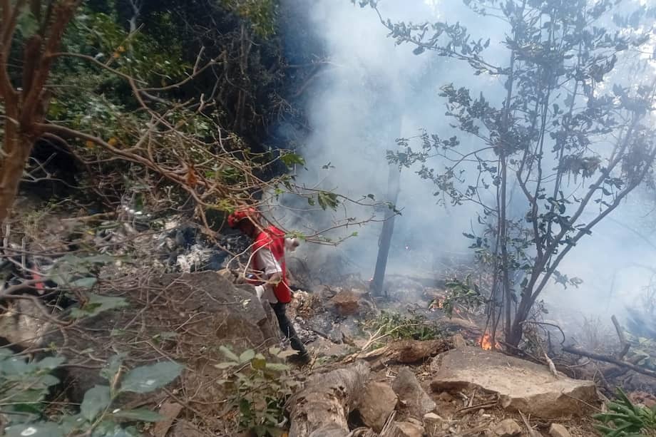 Una fotografía cedida por la Cruz Roja de Kenia muestra a un miembro del equipo de respuesta a emergencias de la organización trabajando cerca del lugar donde se estrelló un helicóptero en el condado de Samburu, Kenia, el 19 de agosto de 2026.