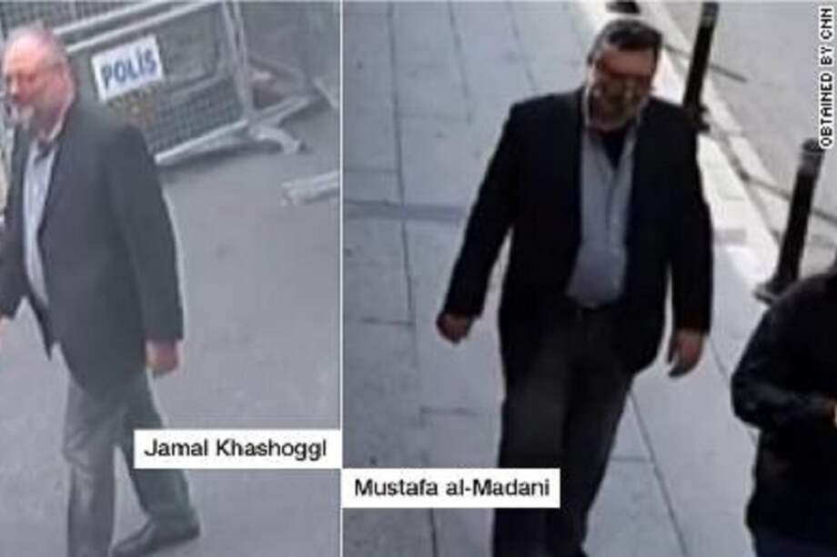 Capturas del video difundido por CNN en las que se ve al doble de Khashoggi, aparentemente, con las prendas del periodista. / Twitter/ @AmichaiStein1