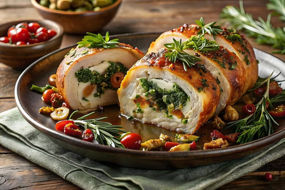 Sirve este rollo de carnes con glaseado de naranja con vegetales o puré de papa.