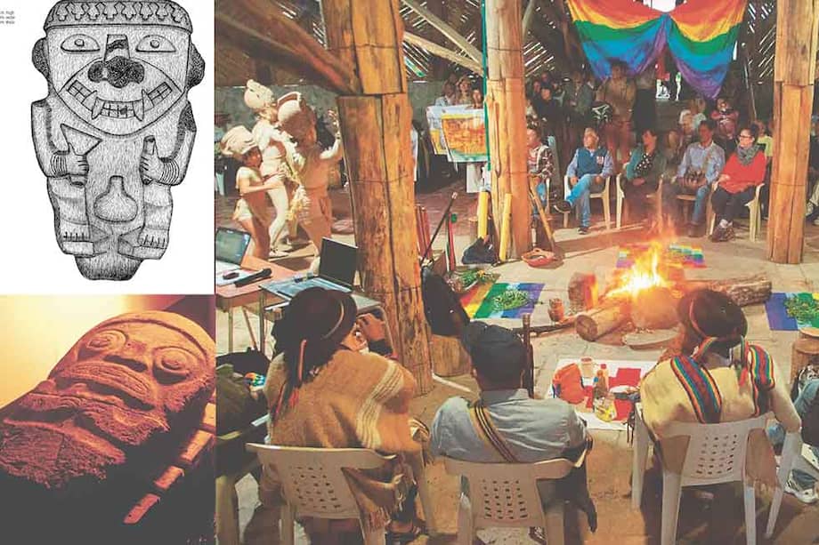 Maloka yanakuna durante el ritual “Entierro de las tres tulpas” y, arriba a la izquierda, dibujo de David Dellenback, con base en una de las abuelas de piedra halladas en las bodegas del Museo Etnológico de Berlín.