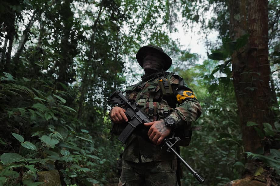 Un miembro de las ACSN sostiene un rifle AR15 en la Sierra Nevada de Santa Marta.