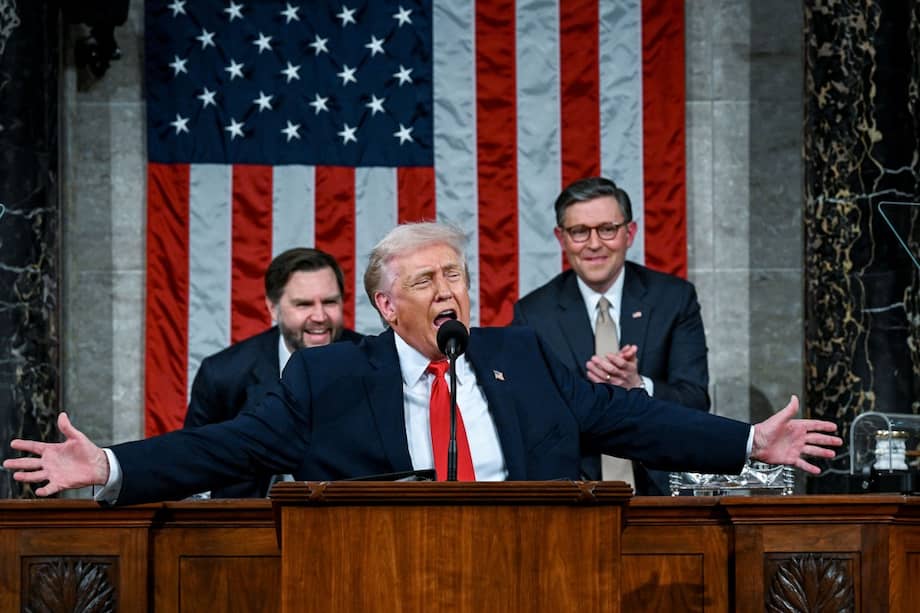 US President Donald Trump delivers the first State of the Union address of his second term to a joint session of Congress in the House Chamber of the United States Capitol in Washington, DC, on February 24, 2026. (Photo by Kenny HOLSTON / POOL / AFP)