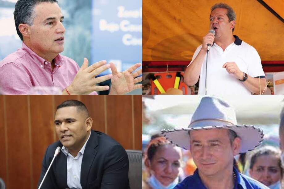 Gobernadores de Antioquia, Aníbal Gaviria Correa (arb. izq.); Huila, Luis Enrique Dussán López (arb.der.); Guainía, Juan Carlos Iral Gómez (abj. izq.) y Guaviare, Heyder Yovanni Palacio Salazar (abj. der.).
