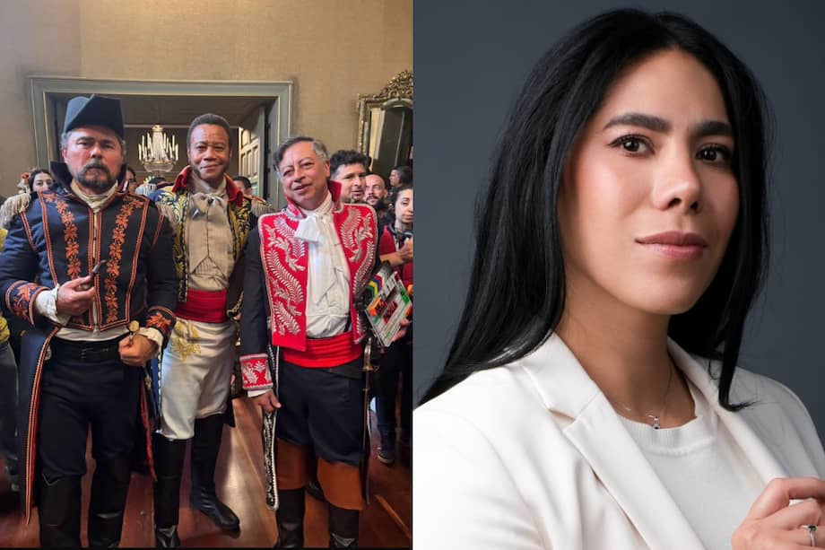 A la izquierda se encuentran Gustavo Petro (d), Cuba Gooding Jr. (c) y Lucho Velasco (i) durante el rodaje del filme del Almirante Padilla. A la derecha está Carina Murcia, ministra de las TIC desde septiembre de 2025.