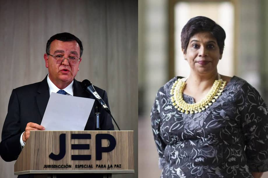 El presidente de la JEP, Alejandro Ramelli, y Nazhat Shameem Khan, fiscal adjunta de la CPI.