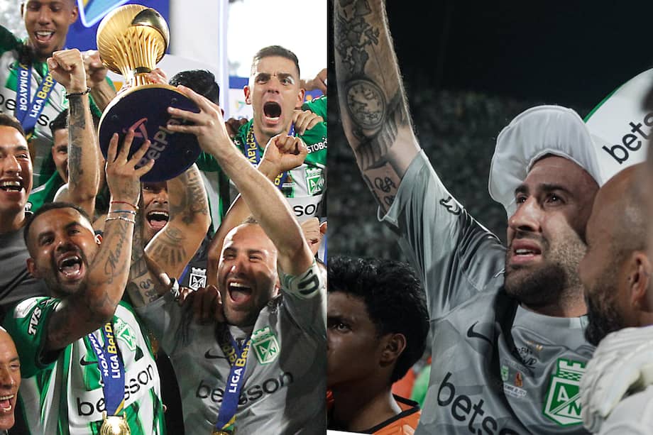 David Ospina y Edwin Cardona levantan el trofeo de la Liga BetPlay.