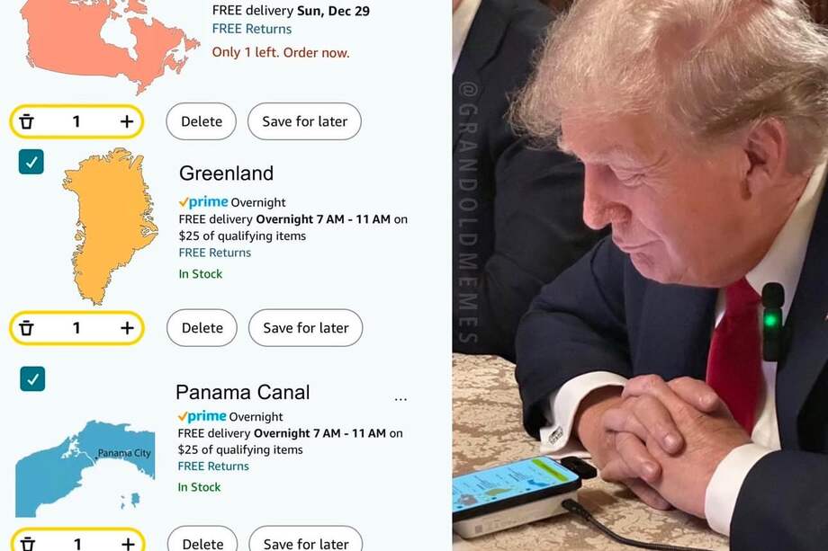 Fotografía tomada de la red social X de la cuenta de @EricTrump donde aparece el presidente electo de Estados Unidos, Donald Trump, junto a una imagen con varios mapas alusiva a la devolución de una compra en internet. | Donald Trump está amenazando a México y Panamá, lo que anuncia unas relaciones problemáticas con la región en sus próximos cuatro años de gobierno.