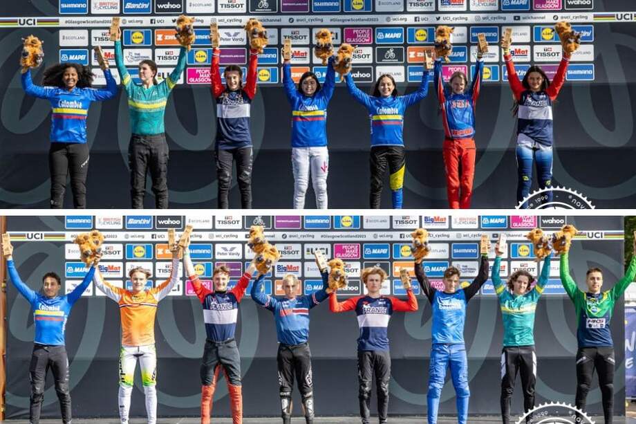 Arriba, el podio de la final de categoría sub 14 de damas y abajo el podio sub 15 de hombres en el Mundial de Ciclismo BMX Racing.