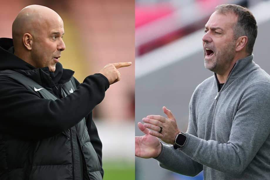 Arne Slot (Izq.), técnico neerlandés del Liverpool; y Hansi Flick, estratega alemán del Barcelona, los equipos de moda en Europa.