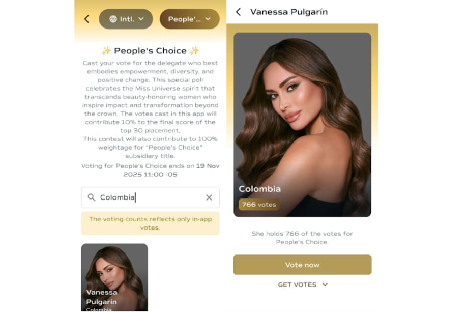 Al corte de este 12 de noviembre, a las 16:30, la colombiana Vanessa Pulgarín acumula 766 votos en la categoría 'People's Choice'.