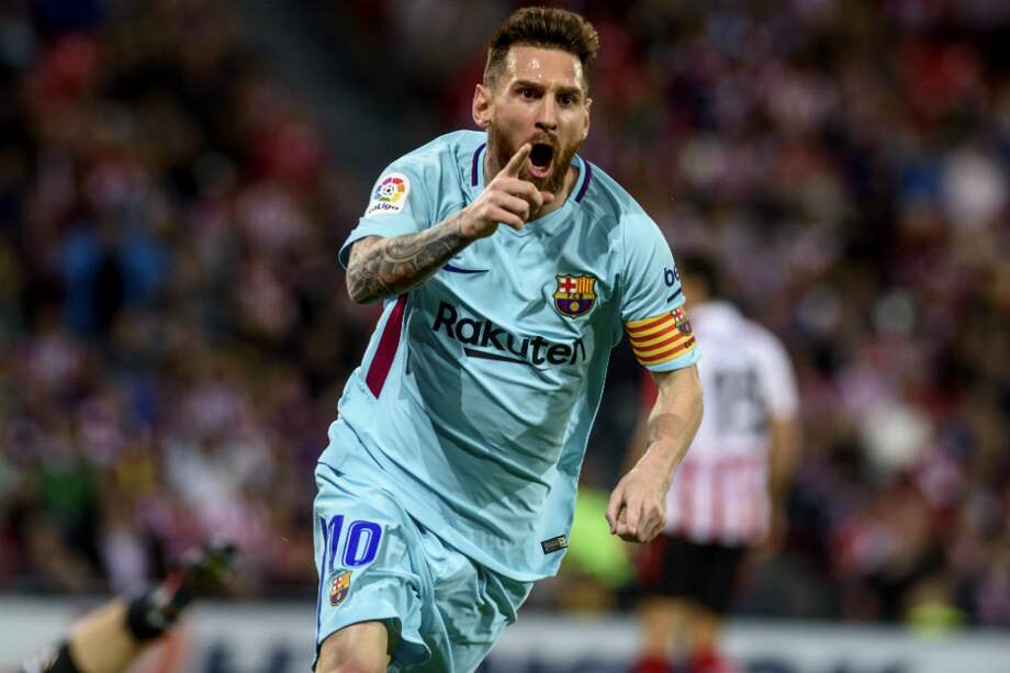El argentino Lionel Messi celebra el gol que anotó este sábado frente al Athletic de Bilbao. / EFE