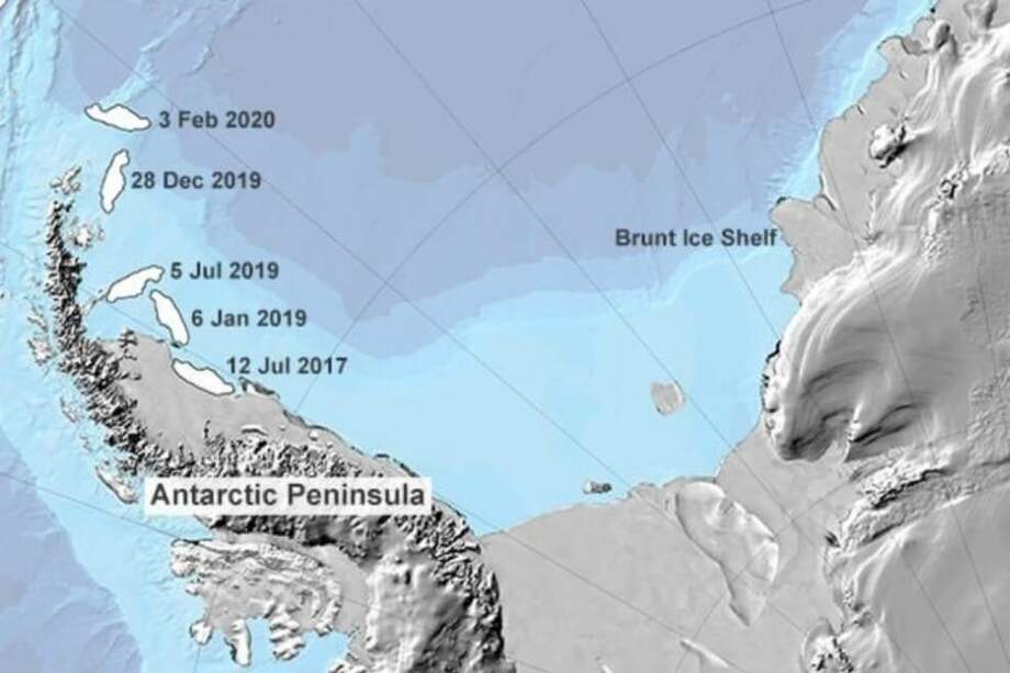 En la imagen se observa el desplazamiento del icberg A68 en los últimos meses. / Europa Press - S.BEVAN/SWANSEA UNIVERSITY