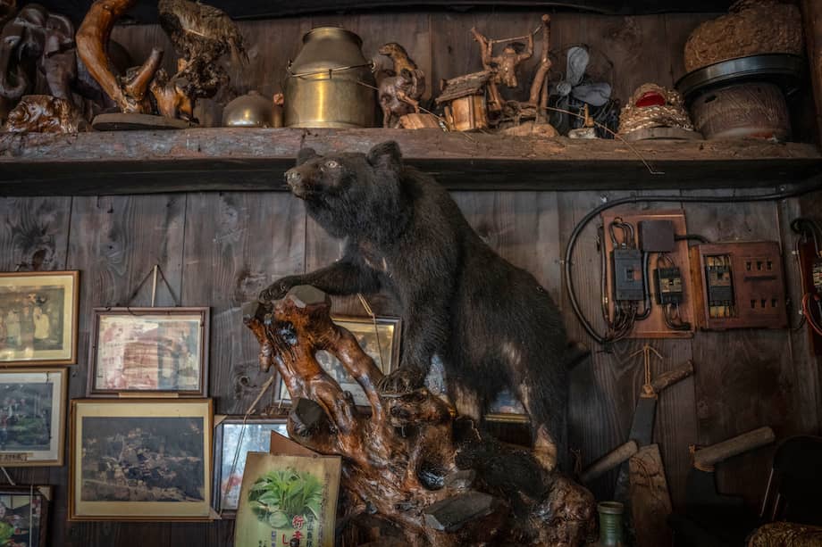 Un oso disecado en un restaurante que ofrece carne de oso en Chichibu, prefectura de Saitama (Japón).