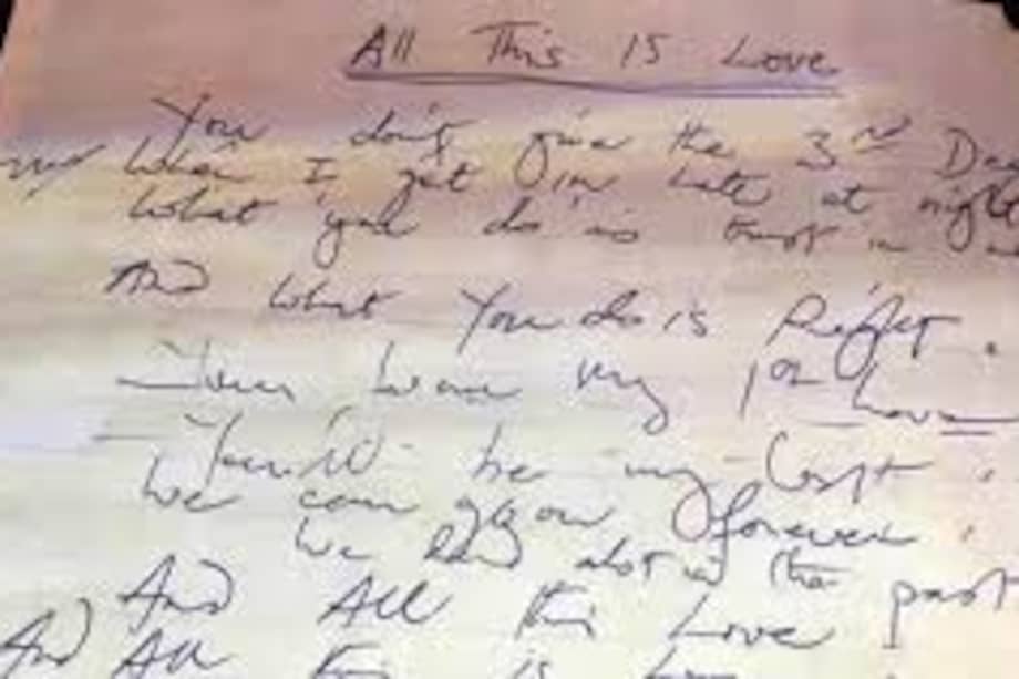 Imagen de la letra original de una de las canciones de Queen: All this is love, que hace partye del archivo que conserva y cuida Greg Brooks. / Cortesía