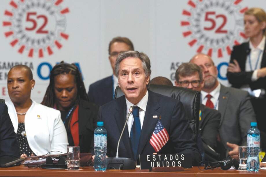 El secretario de Estado de EE. UU., Antony Blinken, durante su participación en la Asamblea General de la OEA. / AFP