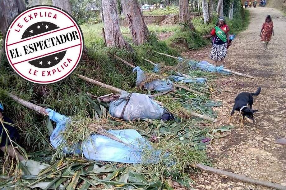 Los cuerpos de las víctimas fueron cubiertos de anjeos y subidos al monte mientras pasaba el peligro. / AFP