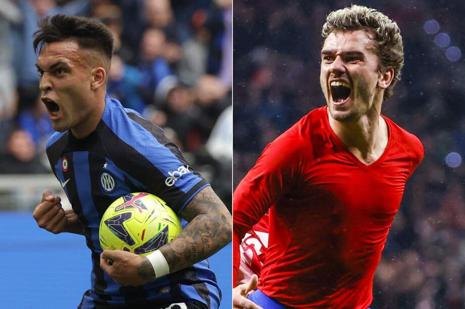 Lautaro Martínez (izq.) del Inter de Milán y Antoine Griezmann del Atlético de Madrid.