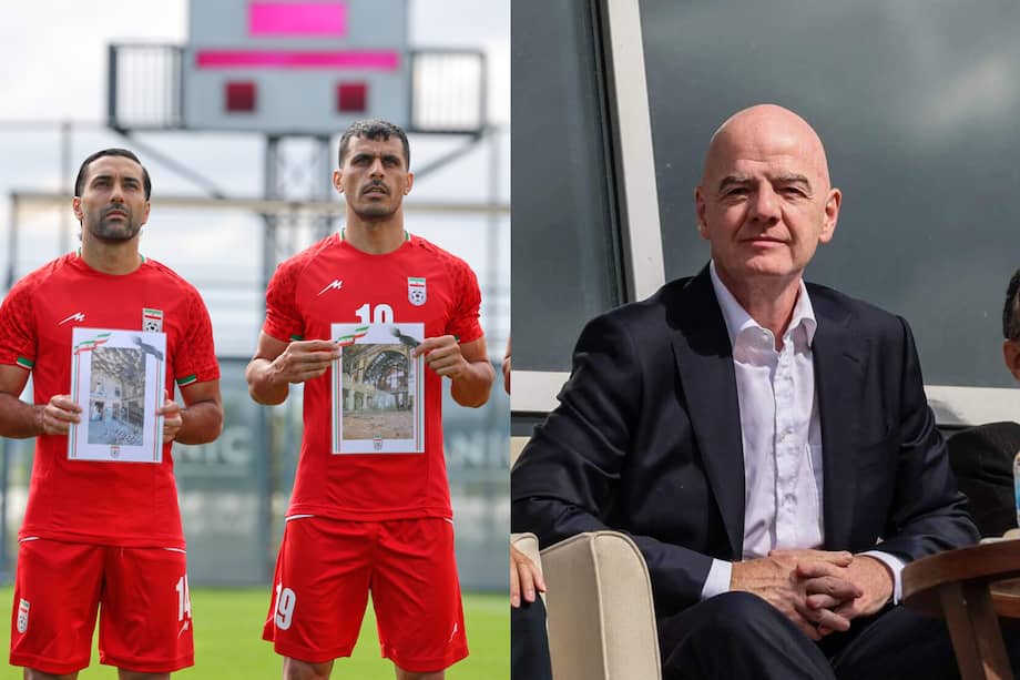 Los jugadores de Irán muestran las imágenes de sus compatriotas asesinados ante la mirada del presidente de la FIFA.