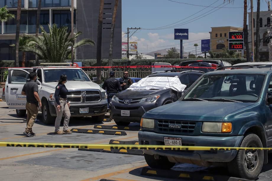 Integrantes de la Policía de México custodian la zona de un crimen este sábado, en Tijuana (México).