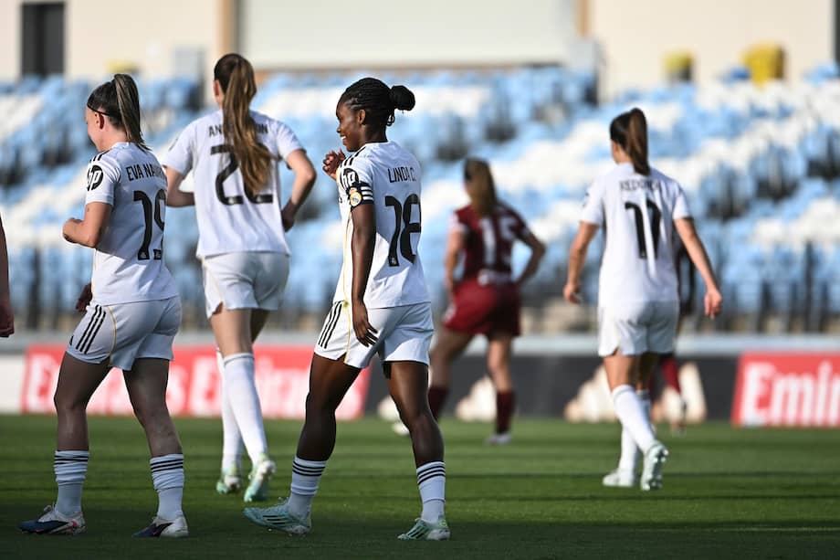 La delantera colombiana del Real Madrid, Linda Caicedo, celebra su tanto ante el Dux Logroño durante un encuentro de la Primera División femenina este domingo 26 de abril de 2026, en el estadio Alfredo Di Stéfano de Madrid, España.