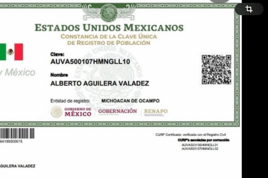 Este documento es la Clave Única de Registro de Población que establece que Juan Gabriel, cuyo nombre real era Alberto Aguilera, no ha sido reportado como persona fallecida