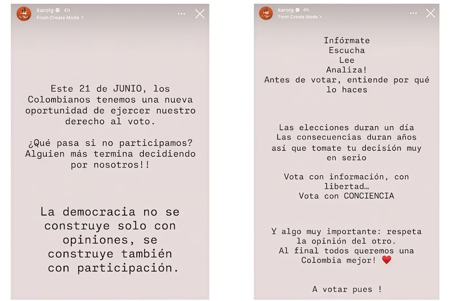 Estas fue el mensaje que Karol G compartió a través de sus historias de Instagram.