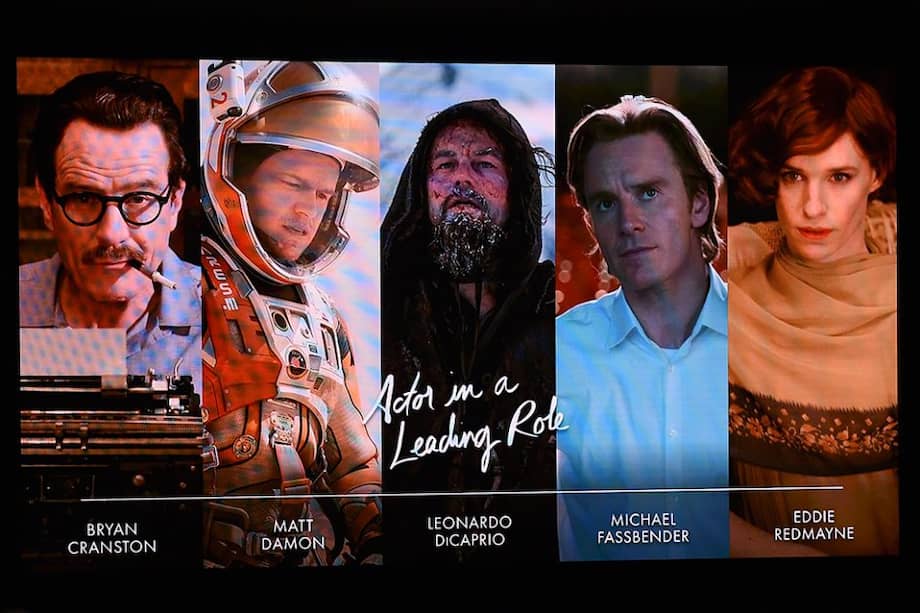 Los nominados Bryan Cranston, Matt Damon, Leonardo DiCaprio, Michael Fassbender, Eddie Redmayne. / AFP