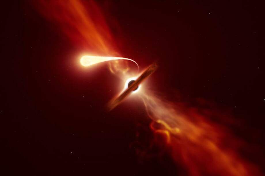 Representación artística de una estrella experimentando espaguetificación al ser absorbida por un agujero negro supermasivo durante un evento de disrupción de marea.