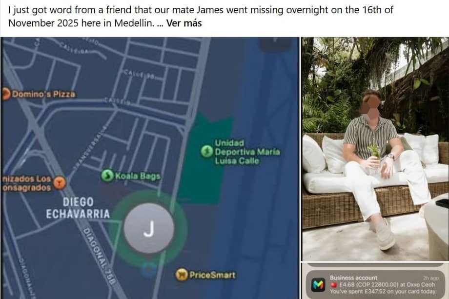 Última ubicación del teléfono de James, extranjero desaparecido en el occidente de Medellín, y los movimientos de su cuenta bancaria durante su desaparición.