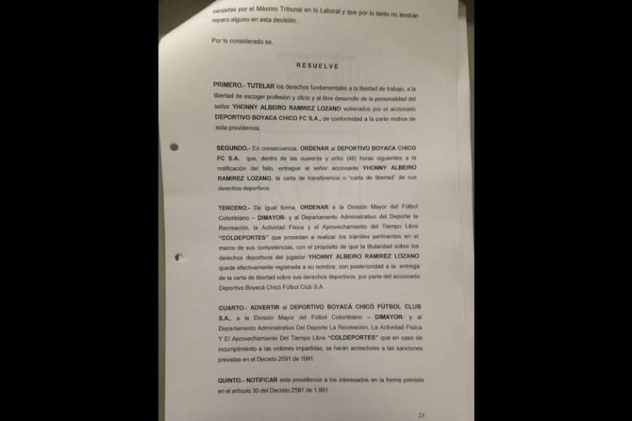 Jhonny Ramírez ganó tutela a Boyacá Chicó