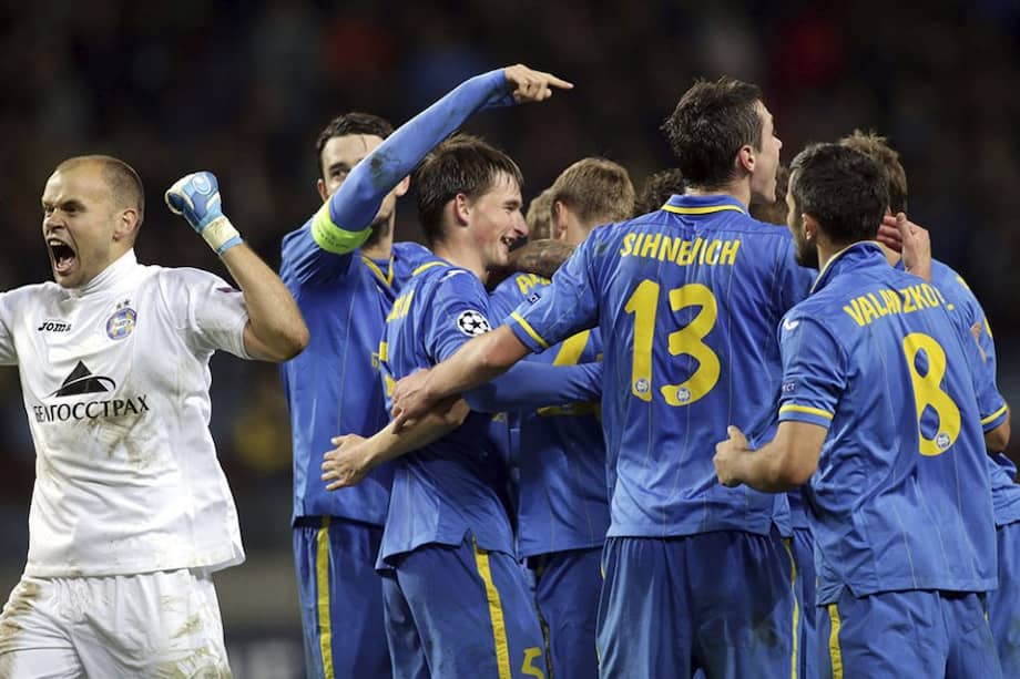 La plantilla del BATE Borisov celebra el histórico triunfo en la Liga de Campeones //AFP