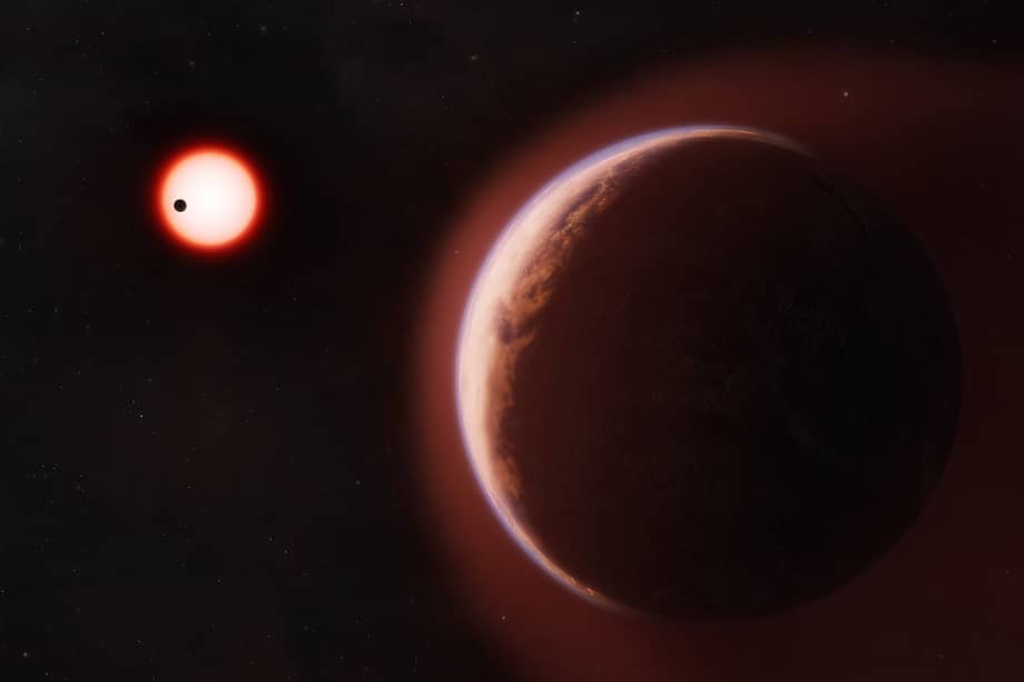 Esta conceptualización artística muestra el exoplaneta LHS 1140 b en primer plano, rodeado por una atmósfera rica en helio. A lo lejos se observa su estrella enana roja, orbitada por otro planeta rocoso. /Melissa Weiss/Centro de Astrofísica