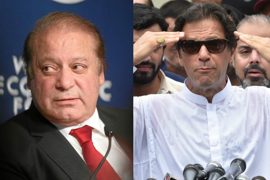 El exprimer ministro Nawaz Sharif (derecha) y el jugador de cricket Imran Khan, líder de la oposición, luchan en las urnas por el cargo de primer ministro de Pakistán. / Flickr y EFE