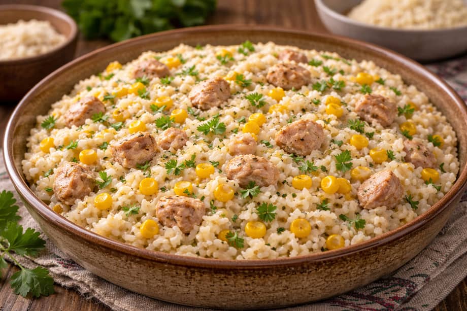 Este arroz cremoso con atún y maíz es una opción rendidora, fácil de llevar a la mesa y muy económica.