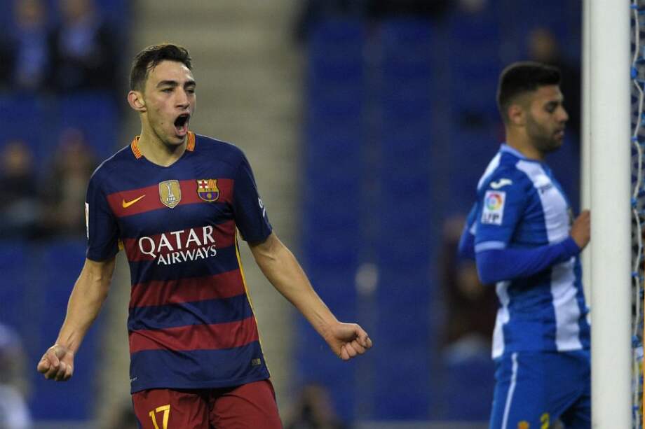 Munir El Haddadi celebra uno de sus goles ante el Espanyol. / AFP
