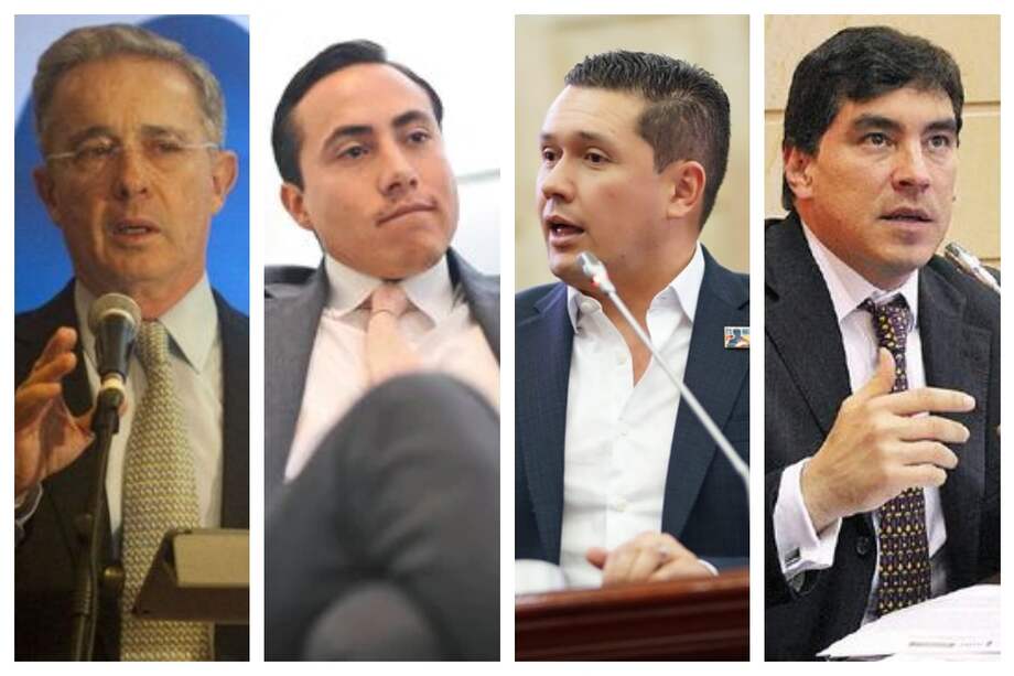 De izquierda a derecha: los exsenadores Álvaro Uribe Vélez (Centro Democrático), Richard Aguilar (Cambio Radical), y los exrepresentantes Edwin Ballesteros y Álvaro Hernán Prada (ambos del Centro Democrático). Los cuatro renunciaron a sus curules en el Congreso en medio de procesos judiciales.
