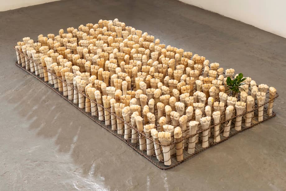 "El esqueleto del esqueleto". Luz Lizarazo. Resorte de colchón, 259 huesos, planta. 2021.